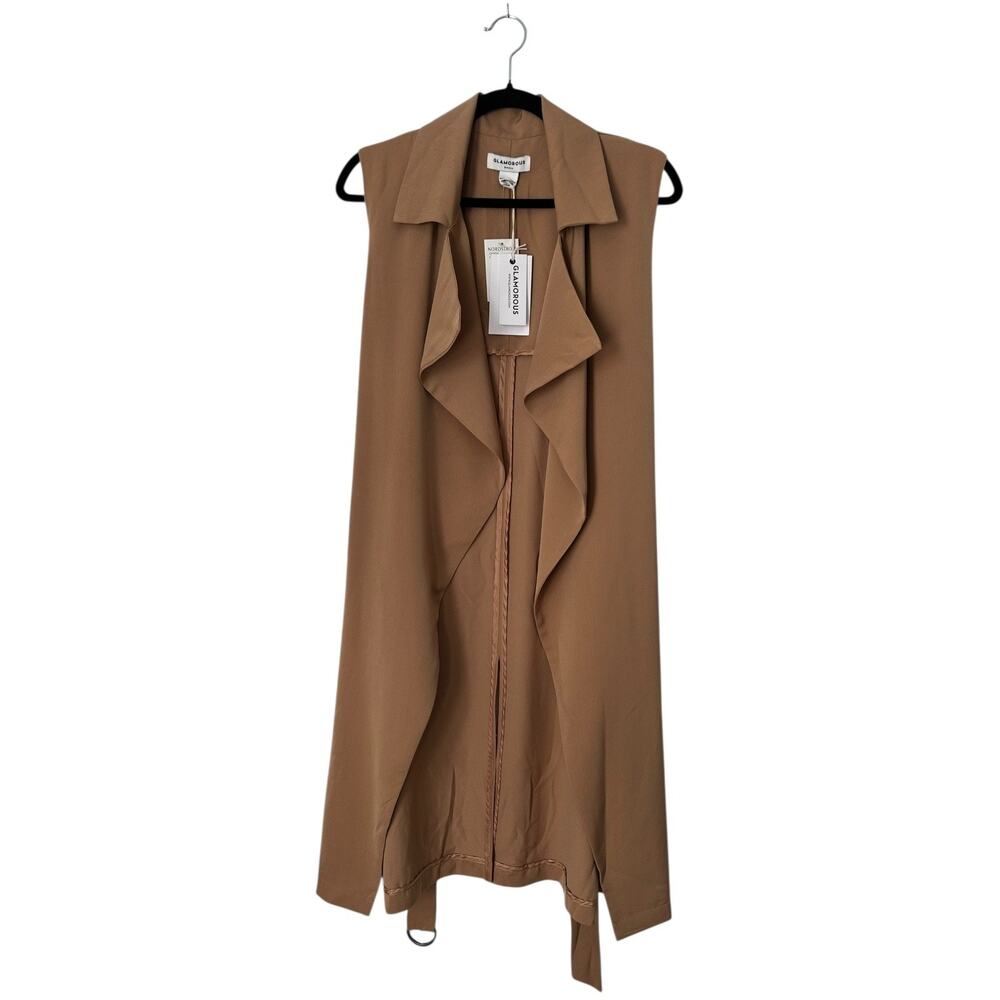 Glamorous Ladies Jacket Sm Camel Sleeveless Open Front Waterfall Draped Kimono